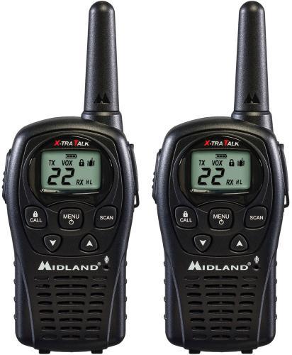 Midland LXT500VP3 Up to 24 Mile Two-Way Radios; 22 Channels - Clear, crisp communication with easy button access; 24 Mile Range; Dual Power Options - Uses 4: AAA: batteries (not included) or rechargeable batteries (included); Channel Scan - Automatically checks channels for activity; HI/LO Power Settings - Lets you adjust transmit power & conserve battery life; Silent Operation - Turns off all tones for quiet operation; UPC 046014505209 (LXT500VP3 LXT500VP3 LXT500VP3)
