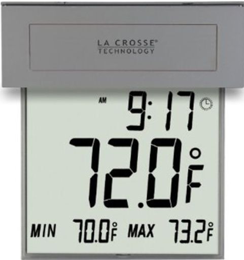 La Crosse Technology 306-605 Solar Window Thermometer with Backlight, -13F to 158F Temperature Range, Solar Powered Backlight, Outdoor Temperature in C or F, Reads Easily From Inside, Records MIN & MAX Temperature with Auto Reset, Clock with DST Indicator, Weather Resistant, Detachable for Window Cleaning, Automatic Backlight for Easy reading in the Dark, UPC 757456987903 (306605 306-605 306 605 LACROSSETECHNOLOGY306605 LACROSSETECHNOLOGY-306605 LACROSSETECHNOLOGY 306605) 
