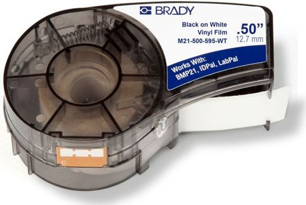 Brady M21-500-595-WT Label Cartridge for BMP21 Series, ID PAL, LabPal Printers, White Color; Indoor/Outdoor vinyl labels for the Label Cartridge for BMP21 Series, ID PAL, LabPal Printers; Black ribbon on white tape; 0.500