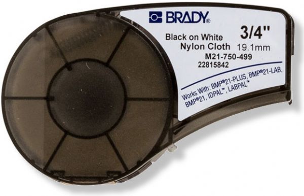 Brady M21-750-499 Label Cartridge for BMP21 Series, ID PAL, LabPal Printers, White Color; Nylon cloth labels for the BMP21 Series, ID PAL, LabPal Printers; Black ribbon on white tape; 0.750