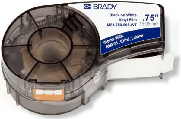 Brady M21-750-595-WT Label Cartridge for BMP21 Series, ID PAL, LabPal Printers, White Color; Indoor/Outdoor vinyl labels for the Label Cartridge for BMP21 Series, ID PAL, LabPal Printers; Black ribbon on white tape; 0.750