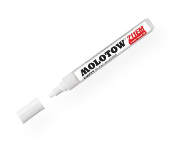 MOLOTOW M211000 4mm Round Tip Empty Marker; Mix colors from Molotow refills then fill into these for custom marker colors; Adding water creates transparent effects; Shipping Weight 0.05 lb; Shipping Dimensions 5.5 x 0.5 x 0.5 in; EAN 4250397600383 (MOLOTOWM211000 MOLOTOW-M211000 MOLOTOW/M211000 DRAWING MARKER ARTWORK)