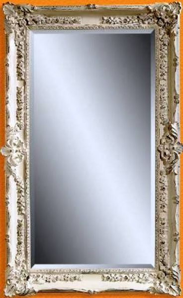 Bassett Mirror M2935BEC Old World Garland Wall Mirror, Premium Antique White Rubbed Finish, Lovely Drape and Floral Motif, Perimeter Beveled Mirror Glass, 41