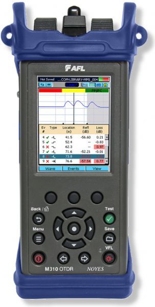 AFL M310-20U-01 Model M310 Series Enterprise OTDR, Single Mode; 1310/1550 nm; Industry leading TruEvent analysis; Short dead zones provide precise testing of closely spaced events; Front Panel and First Connector Check; Live fiber detection; Integrated Source, Power Meter and VFL; Dimensions 8.8