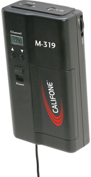 Califone M-319 Belt Pack UHF Transmitter and Wireless Mics, Dynamic Type, Unidirectional Pattern, 904 - 925 mHz -16 channel Carrier Frequencies, 90 Hz - 17kHz Frequency Response, 5kHz Frequency Stability, PLL Synthesized Oscillator, FM - Frequency modulation, 5dBm / 10dBm Switchable Transmission Power, 55dB Spurious Rejection, UPC 610356687000 (M-319 M 319 M319)