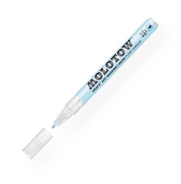 MOLOTOW M728001 Art Masking Liquid 2mm Fine Tip Pump Marker; Light blue colored masking liquid for precise, clean application on multiple surfaces; Ready-to-use water-base fluid for use with acrylic, water-based ink, and alcohol-based ink; Easy to peel off within 48 hours of application; 2mm fine tip; Shipping Weight 0.03 lb; Shipping Dimensions 5.25 x 0.5 x 0.5 in; EAN 4250397613833 (MOLOTOWM728001 MOLOTOW-M728001 MOLOTOW/M728001 ARTWORK MARKER)