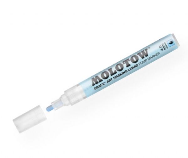 MOLOTOW M728002 Art Masking Liquid 4mm Round Tip Pump Marker; Light blue colored masking liquid for precise, clean application on multiple surfaces; Ready-to-use water-base fluid for use with acrylic, water-based ink, and alcohol-based ink; Easy to peel off within 48 hours of application; The marker is refillable and the tip is exchangeable!; 4mm round tip; Shipping Weight 0.04 lb; Shipping Dimensions 5.6 x 0.6 x 0.6 in; EAN 4250397613840 (MOLOTOWM728002 MOLOTOW-M728002 M728002 ARTWORK)