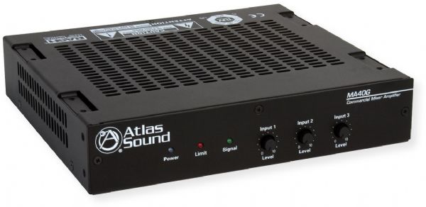 Atlas Sound MA40G 3 Input, 40 Watt Mixer Amplifier with Global Power Supply; Black; Small and compact, and engineered for reliability; One Balanced Mic, Line, Tel Input w, Phantom Power; 2 Unbalanced, Summing Line Level Inputs; Variable VOX Mute Sensitivity Control for Input 1; UPC 612079187096 (MA40G MA-40G ATLASMA40G ATLAS-MA40G AMPMA40G AMP-MA40G)