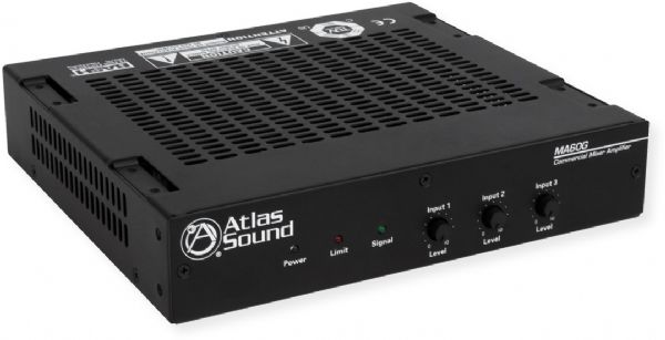 Atlas Sound MA60G 3 Input, 60 Watt Mixer Amplifier with Global Power Supply; Black; Small and compact, and engineered for reliability; One Balanced Mic, Line, Tel Input w, Phantom Power; 2 Unbalanced, Summing Line Level Inputs; Variable VOX Mute Sensitivity Control for Input 1; UPC 612079187102 (MA60G MA-60G ATLASMA60G ATLAS-MA60G AMPMA60G AMP-MA60G)