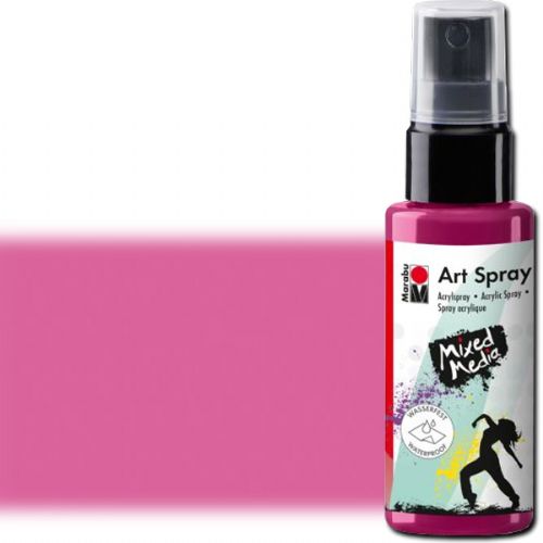 Marabu 12099005005 Art Spray, 50ml, Raspberry; Brightly colored water-based acrylic spray; Ideal for stenciling, for backgrounds and as a carrier for mixed media designs on porous surfaces such as canvas, paper, wood; The vivid colors are intermixable, water thinnable, quick drying, lightfast and waterproof; Shake well before use; Raspberry; 50 ml; Dimensions 4.72