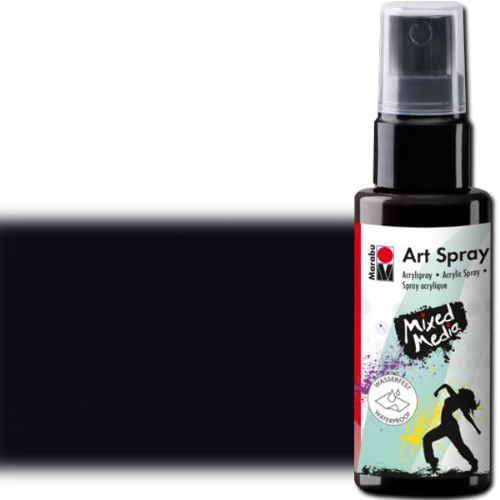 Marabu 12099005073 Art Spray, 50ml, Black; Brightly colored water-based acrylic spray; Ideal for stenciling, for backgrounds and as a carrier for mixed media designs on porous surfaces such as canvas, paper, wood; The vivid colors are intermixable, water thinnable, quick drying, lightfast and waterproof; Shake well before use; Black; 50 ml; Dimensions 4.72