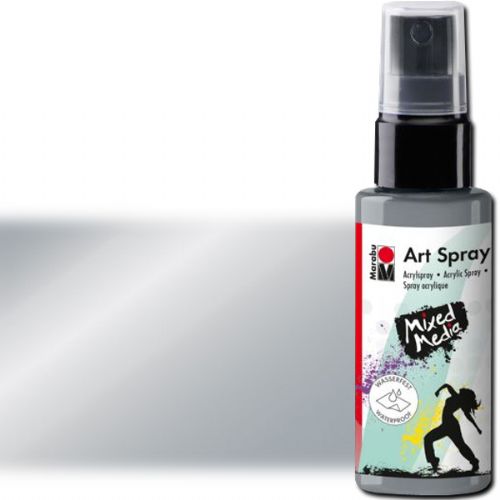 Marabu 12099005082 Art Spray, 50ml, Silver; Brightly colored water-based acrylic spray; Ideal for stenciling, for backgrounds and as a carrier for mixed media designs on porous surfaces such as canvas, paper, wood; The vivid colors are intermixable, water thinnable, quick drying, lightfast and waterproof; Shake well before use; Silver; 50 ml; Dimensions 4.72