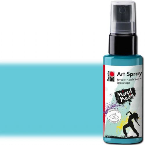 Marabu 12099005091 Art Spray, 50ml, Caribbean; Brightly colored water-based acrylic spray; Ideal for stenciling, for backgrounds and as a carrier for mixed media designs on porous surfaces such as canvas, paper, wood; The vivid colors are intermixable, water thinnable, quick drying, lightfast and waterproof; Shake well before use; Caribbean; 50 ml; Dimensions 4.72