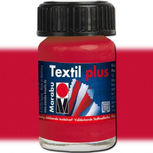 Marabu 17159039032 Textil Plus, 15ml, Carmine Red; Fully opaque fabric paint for dark fabrics; Washable up to 40 C (104 F); Opaque, water-based, soft to the touch; Especially suitable for fabric painting and fabric printing; Set with an iron or in the oven; Carmine Red; 15ml; Dimensions 2.75