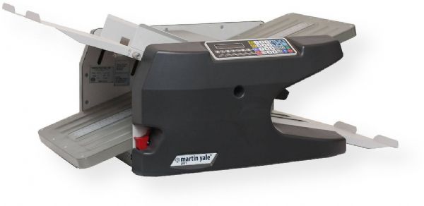Martin Yale 2051220 Smartfold 230V Paper Folding Machine; 2-line x 20 character LCD display provides operator with visual feedback prompt; Handles paper weight from 18lb. to 90 lb. index, 68GSM to 166GSM; Variable speed ranges from 3000 to 15000 sheets per hour; Folds sheet sizes from 2.5