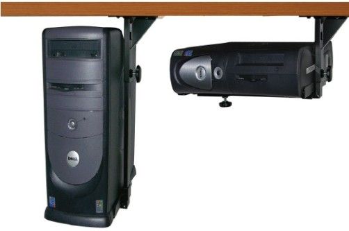 Martin Yale 26155 Mead-Hatcher Mountable CPU Holder, Black; Vertically or horizontally mounts CPU to underside of desktop; Keeps CPU at comfortable height to access disk drive; Horizontal setup: Width adjusts- 13.1
