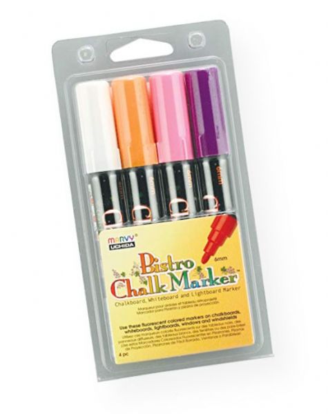 Marvy MR480-4B Bistro Chalkboard and Lightboard 4-Color Set B; Use on chalkboards, lightboards, windows, and windshields; Attract attention and increase sales; 6mm point; Opaque water-based pigmented ink is erasable with a damp cloth; Fluorescent colors; Set includes markers in 4 colors: White, Fluorescent Violet, Fluorescent Pink, Fluorescent Orange; Colors subject to change; UPC 028617481265 (MARVYMR4804B MARVY-MR4804B BISTRO-MR480-4B MARVY/MR4804B MR4804B MARKER DRAWING)