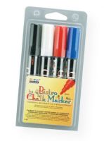 Marvy MR480-4C Bistro Chalkboard and Lightboard 4-Color Set C; Use on chalkboards, lightboards, windows, and windshields; 6mm point; Opaque water-based pigmented ink is erasable with a damp cloth; Set includes markers in 4 colors: Black, Red, Blue, White; Colors subject to change; Shipping Weight 0.23 lb; Shipping Dimensions 3.6 x 7.00 x 0.75 in; UPC 028617481517 (MARVYMR4804C MARVY-MR4804C BISTRO-MR480-4C MARVY/MR4804C MR4804C DRAWING) 