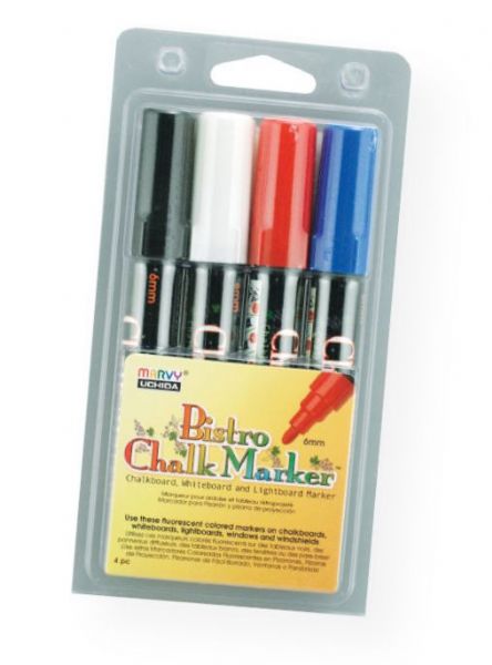 Marvy MR480-4C Bistro Chalkboard and Lightboard 4-Color Set C; Use on chalkboards, lightboards, windows, and windshields; 6mm point; Opaque water-based pigmented ink is erasable with a damp cloth; Set includes markers in 4 colors: Black, Red, Blue, White; Colors subject to change; Shipping Weight 0.23 lb; Shipping Dimensions 3.6 x 7.00 x 0.75 in; UPC 028617481517 (MARVYMR4804C MARVY-MR4804C BISTRO-MR480-4C MARVY/MR4804C MR4804C DRAWING)