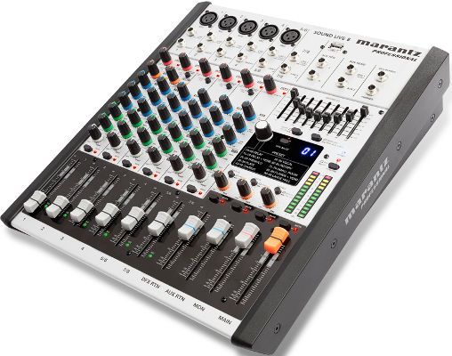 Marantz Professional Sound Live 8 Eight-Channel and 2-Bus Tabletop Mixer; 5 XLR inputs with Marantz Professional microphone preamps; Dynamic compression (Channels 1-2); 3-band EQ plus 2 aux sends per channel; 60mm faders with mute switch and LED; USB audio connectivity with level control; 100 studio-grade digital effects; Balanced XLR, balanced/unbalanced 1/4