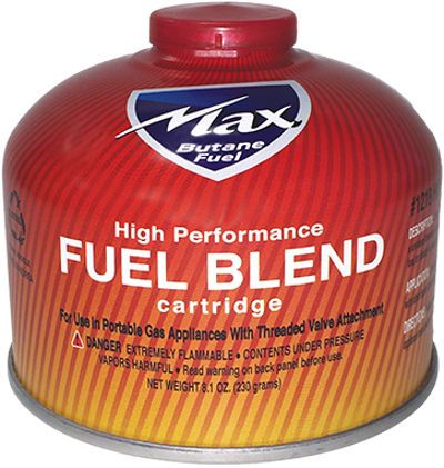 Max Burton 1218 High Performance Fuel Blend Cartridge, 8 oz. net weight content, Contains a high performance fuel blend with a universal threaded valve that connects to either a hose or directly to the gas appliance, Ideal for camping whenever longer burning times are desired or when operating at high elevation or low temperatures, Weight 1 lbs, UPC 880190105026, Price per each Cartridge, but sold in Cases of 12 (MAXBURTON1218 MAXBURTON-1218 MAXBURTON 1218)