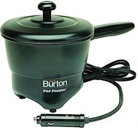 Max Burton 6920 Pot-Popper, Made of lightweight aluminum with a baked-on enamel finish, 1 liter capacity, 5-ft. DC power cord, Sleek detachable contoured handle, 12-Volt outlet, 20 amps, Boiling Tim 8 minutes for each 5-oz cup of water, Steaming Time 20 minutes (approx.), Weight 2.00 lbs, Pot Dimensions 12