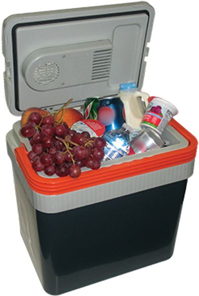 Max Burton 6983 Thermoelectric Cooler/Warmer, Black Color; Operates from a 12V vehicle power outlet with a 6 1/2 ft. 12V power cord; 25 qt. Capacity; Cools approximately 30F below ambient temperature, no ice required; Warms up to 120-140F; Switches control Hot/Cold/Off; Lid removes for easy access and the handle locks it in place; Vertical food separator; Dimensions 15.83 x 12 x 17.32; Weight 13.5 lbs; UPC 769372069834 (MAXBURTON6983 MAXBURTON-6983 MAXBURTON 6983)