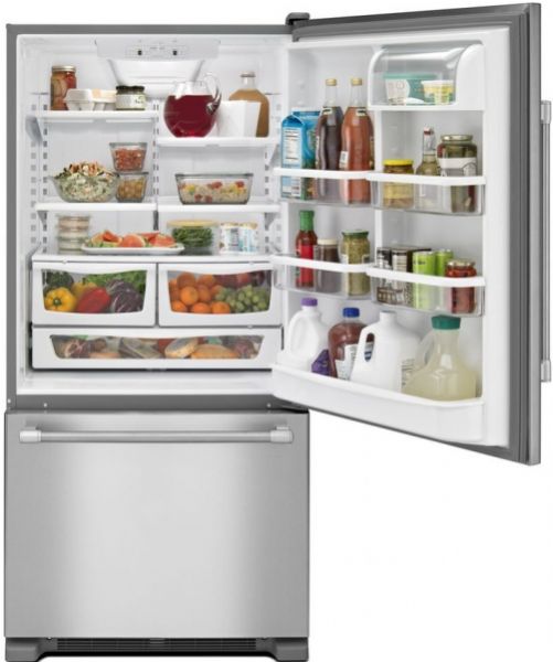 Maytag MBF2258DEM Bottom Freezer Refrigerator, 15.6 cu. ft. Refrigerator Capacity, 6.3 cu. ft. Freezer Capacity, 21.9 cu. ft. Total Capacity, 5 Number of Refrigerator Shelves, 4 Adjustable Half-Width; 1 Fixed Full-Width Spill-Proof Glass Shelves, 2 Half-Width Humidity-Controlled Drawers, 1 Half-Width Non Climate-Controlled Drawers, 4 Adjustable Half-Width; 1 Dairy; 1 Fixed Full-Width Door Bins, Stainless Steel, UPC 883049337715 (MBF2258DEM MBF-2258-DEM MBF 2258 DEM)