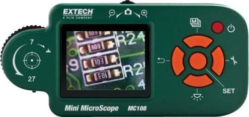 Extech MC108-4 Digital Mini Microscope (240V), 1.8 TFT Color LCD Screen with 2MB Memory; Capture and download up to 60 JPEG images (320x240 pixels) to your PC; 7x to 108x magnification range; Three white LEDs with adjustable brightness for object illumination; 5 Image Effect modes: Normal, Gray, Inverse, Emboss, and Dual Window View; UPC 793950591840 (MC1084 MC108 4 MC-108-4 MC 108-4)