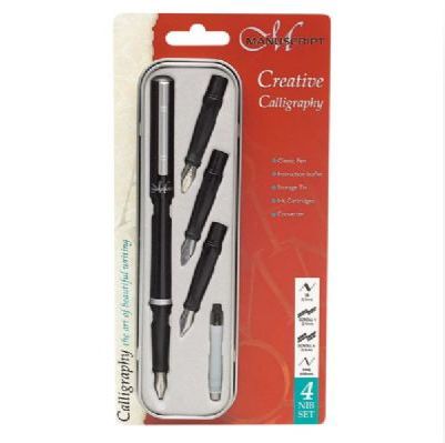 Manuscript MC1105 Creative Calligraphy Set; Set contains fine, scroll 4, scroll 6, and 3B stainless steel nibs, pen, cap, barrel, four ink cartridges (one red, one blue, two black), and ink converter for bottled ink; Shipping Dimensions 8.62 x 4.49 x 0.87 inches; Shipping Weight 0.26 lb; UPC 762491110506 (MC-1105 MC/1105 MMC1105 MANUSCRIPTMC1105)