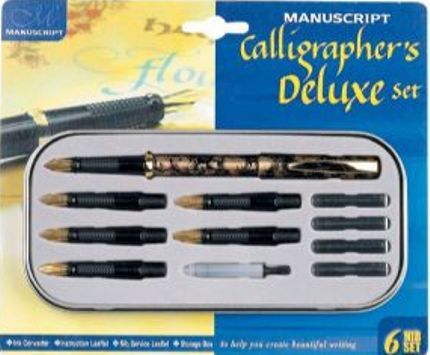 Manuscript MC1153 Calligraphers Deluxe Set, 6 Nib, Contains deluxe calligraphy pen with medium gilt nib and band, 5 additional gilt nibs, fine, broad, 2B, 3B, and 4B, 4 black ink cartridges, Includes ink converter for bottled ink, instruction leaflet and storage tin, 762491115303 UPC Code, 0009608500000 Harmonized Code, Ship Weight 0.1 lbs, Ship Dim 8.3 X 5.8 X 1.1 in (MC-1153 MC 1153)