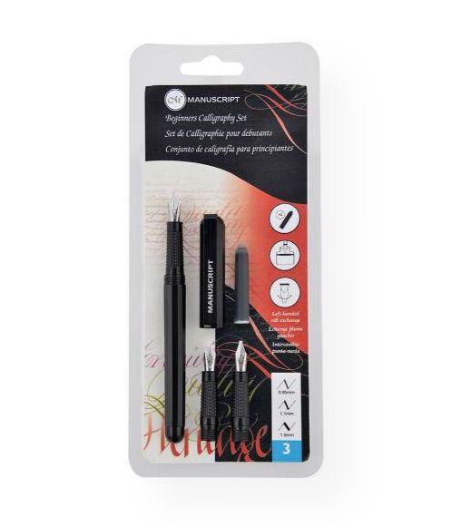 Manuscript MC1235 Beginner's Calligraphy Set; Includes pen cap and barrel, one black ink cartridge, three nibs in fine, medium, and 2B, and ink converter for bottled ink; Shipping Weight 0.08 lb; Shipping Dimensions 7.91 x 3.31 x 0.67 in; UPC 762491123506 (MANUSCRIPTMC1235 MANUSCRIPT-MC1235 MANUSCRIPT/MC1235 CALLIGRAPHY ARTWORK CRAFTS)