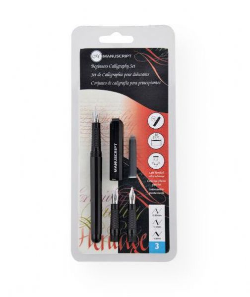 Manuscript MC1235L Beginner's Calligraphy Set Left Handed; Includes pen cap and barrel, one black ink cartridge, three nibs in fine, medium, and 2B, and ink converter for bottled ink; Shipping Weight 0.08 lb; Shipping Dimensions 7.91 x 3.31 x 0.67 in; UPC 762491123513 (MANUSCRIPTMC1235L MANUSCRIPT-MC1235L MANUSCRIPT/MC1235L CALLIGRAPHY ARTWORK CRAFTS)