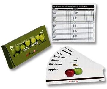 Califone MCFFW Food Words Card Reader Cards, Provides vocal mirroring capabilities when used with a CardMaster Card Reader, Reading and writing skills develop using both auditory and visual stimulation, Clearly labelled box for quick and easy identification, Reproduceable teach reference chart to progress, Optional blank cards allow creation of additional teacher created lessons and a permanent record of student progress, UPC 610356348000 (MC-FFW MCF-FW) 