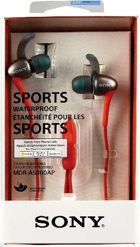 Sony MDR-AS800AP/D Active Sports Stereo Headphones, Orange, Frequency Response 525000Hz, Sensitivities 108 dB/mW, Impedance 16 Ohm (1kHz), Electret condenser microphone, Smartphone-compatible with in-line remote mic, Waterproof for all-weather listening, Comfortable, secure-fitting silicone earbuds, UPC 027242883376 (MDRAS800APD MDR-AS800AP-D MDR-AS800APD MDR-AS800AP)