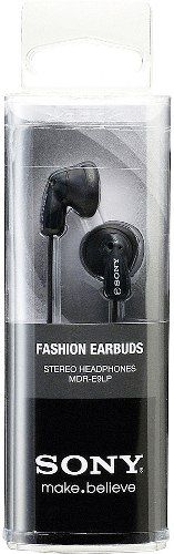 Sony MDR-E9LP/BLK Fashion Earbuds Stereo Headphones, Black; 100mW Capacity; Frequency 18-22000 Hz; Sensitivity 104 dB/mW; Impedance 16 ohm; Open air; Super-light in-the-ear design; Pair with a music player; Use your headphones with a Walkman, iPod, or MP3 player; Neodymium magnet 0.53