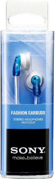 Sony MDR-E9LP/BLU Fashion Earbuds Stereo Headphones, Blue; 100mW Capacity; Frequency 18-22000 Hz; Sensitivity 104 dB/mW; Impedance 16 ohm; Open air; Super-light in-the-ear design; Pair with a music player; Use your headphones with a Walkman, iPod, or MP3 player; Neodymium magnet 0.53