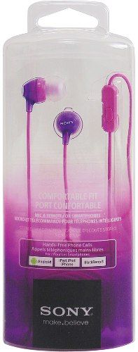 Sony MDR-EX15APV Android In-ear Stereo Headphones, Violet; 100mW capacity; 100 dB/mW sensitivity; 16 ohm (1 kHz) impedance; Comfortable, secure-fitting silicone earbuds; Lightweight for ultimate music mobility; 0.35 in neodymium drivers for powerful, balanced sound; 8 Hz22 kHz frequency range; 3.94 ft. cord length; Gold-plated L-shaped four-conductor stereo mini; Weight 0.11 oz; UPC 027242868694 (MDREX15APV MDR EX15APV MDR-EX15AP MDREX-15AP)