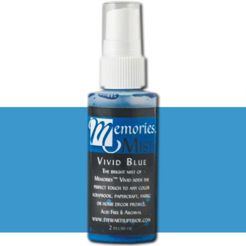 Memories SSMMVB Mist Spray Ink Vivid Blue; A fine mist of these inks add a gorgeous layer of color or iridescence to any fashion, art, or papercraft project; Acid free and archival; 2 ounces spritzers; Dimensions 1.38