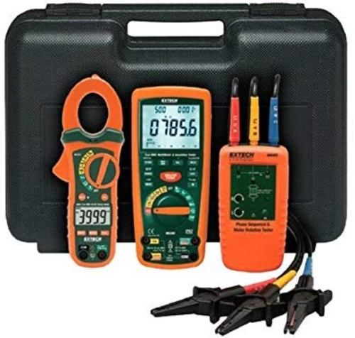 Extech MG302-MTK Motor and Drive Troubleshooting Kit; Includes: MG302 True RMS Multimeter/Insulation Tester with 13 Functions and Wireless PC Interface, 480403 Motor Rotation and 3-Phase Tester, MA435T 400A True RMS AC Clamp Meter with Built-in Non-contact Voltage Detector and 1.2 in. Jaw Size for Conductors Up to 350MCM; UPC 793950383025 (MG302MTK MG302 MTK MG-302-MTK MG 302)