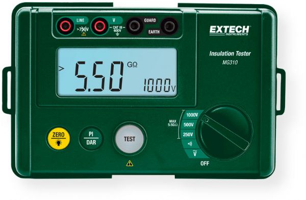 Extech MG310-NIST Digital Insulation Tester, Compact Insulation Resistance Tester with Snap-On Protective Cover, includes Traceable Certificate; ; Test Voltages of 250V, 500V, and 1000V; Measure Insulation Resistance to 5.5GOhm (autoranging); AC Voltage measurement from 30 to 600V; Polarization Index measurement (PI); Dielectric Absorption Ratio measurement (DAR); 10MOhm internal resistance test; UPC 793950381113 (EXTECHMG310NIST EXTECH MG310-NIST TESTER)