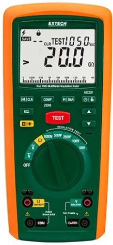 Extech MG320-NIST CAT IV Insulation Tester/TRMS Multimeter, 20 GOhms, includes Traceable Certificate; Measure Insulation Resistance to 20GOhms; 5 Test Voltage ranges; Polarization Index (PI) and Dielectric Absorption Ratio measurements (DAR); Low Resistance measurement with Zero function; Programmable Timer feature sets the duration of test; UPC: 793950383230 (EXTECHMG320NIST EXTECH MG320-NIST TESTER MULTIMETER CERTIFICATE)