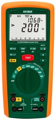 Extech MG325-NIST CAT IV Insulation Tester/TRMS Multimeter, 200 GOhms, includes Traceable Certificate; Test Voltages of 250V, 500V, and 1000V; Measure Insulation Resistance to 5.5GOhm (autoranging); AC Voltage measurement from 30 to 600V; Polarization Index measurement (PI); Dielectric Absorption Ratio measurement (DAR); 10MOhm internal resistance test; UPC: 793950383452 (EXTECHMG325NIST EXTECH MG325-NIST TESTER CERTIFICATE)