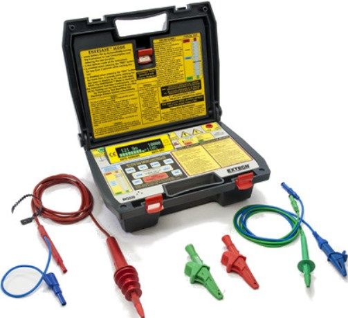Extech MG500-NIST High Voltage Insulation Tester, 10kV/500GOhms includes Traceable Certificate; High test voltages up to 10kV with Insulation Resistance to 500G Ohm; Polarization Index (PI) measurement; Dielectric Absorption Ratio (DAR) measurement; EnerSave limits test duration to 10 seconds to save energy; CAT III-300V category rating; UPC: 793950380062 (EXTECHMG500NIST EXTECH MG500-NIST TESTER CERTIFICATE)