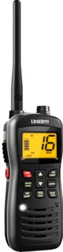 Uniden MHS126 Handheld Floating Two-Way VHF Marine Radio, Black, Floating Capability, 1 Watt/2.5 Watt/6 Watt Transmit Power, Backlit LCD Display, Memory Scan, N.O.A.A./Weather, USA/International/Candian Channels, One Touch Channel 16/9 Key, Antenna, Belt Clip, 12 Hours Battery Life, Rechargeable, AC Adapter, UPC 050633501573 (MHS-126 MHS 126 MH-S126 UN-MHS126)