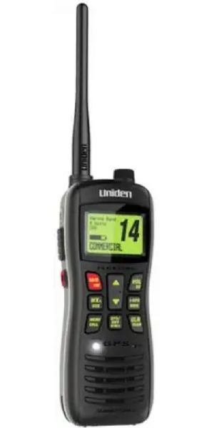 Uniden MHS235 Submersible Floating VHF Marine Radio, Black, Digital Selective Calling Feature, Handheld, Floating Capability, Submersible, 1 Watt/2.5 Watt/6 Watt Transmit Power, Backlit LCD Display, Backlit LCD Keypad, Memory Scan, N.O.A.A./Weather, USA/International/Candian Channels, One Touch Channel 16/9 Key, UPC 050633501535 (MHS-235 MHS 235 MH-S235 UN-MHS235)