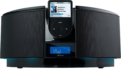 Memorex MI1111-BLK Refurbished 2.1 Channel Home Speaker System for iPod with CD, Black, Digital AM/FM radio with station presets, Powers and charges your iPod devices with docking capability, Top-loading CD player with MP3 CD playback, 2.1 channel stereo speakers with integrated, down-firing subwoofer (MI1111BLK MI1111 BLK MI-1111 MI1111BK)