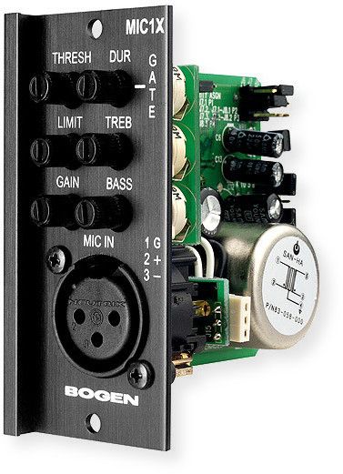 Bogen MIC1X Microphone Input, Transformer Balanced, XLR; Black; Transformer balanced; Gain and Trim control; Bass and treble; Gating threshold and duration adjustments; Variable Threshold Limiter; Limiter Activity LED; 4 levels of available priority; Can be muted from higher priority modules; Can mute lower priority modules; UPC 765368391169 (MIC1X MIC1-X MIC1XINPUT BOGENMIC1X BOGEN-MIC1X MIC1X-XLR)