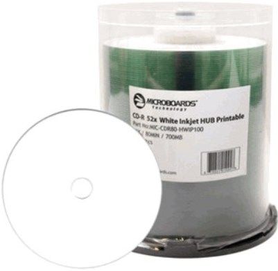Microboards MIC-CDR80-HWIP100 White Inkjet Hub-Printable CD-R (100-Pack), 700 MB Capacity, Grade B, Up to 52X Record Speed, Designed with duplication in mind, Microboards' media is fully licensed by Philips, UPC 678621010946 (MICCDR80HWIP100 MIC-CDR80HWIP100 MICCDR80-HWIP100 MIC CDR80 HWIP100 21424)