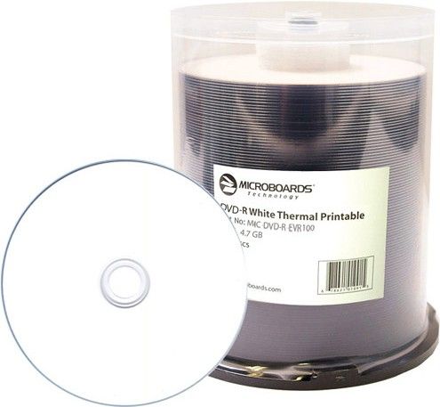 Microboards MIC-DVD-R-EVR100 White Thermal-Printable DVD-R, DVD-R Format, 4.7 GB Capacity, 16x Speed, Single Double/Single-Sided, Thermal inkjet Printable, Spindle Packaging (MICDVDREVR100 MIC-DVD-R-EVR100 MIC DVD R EVR100)